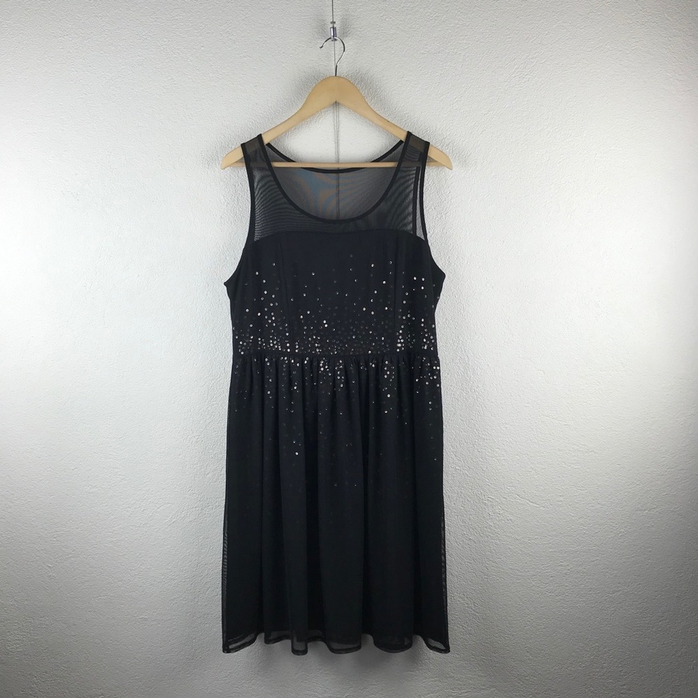 Lane Bryant l 14 Retro Pinup Sheer Mesh Illusion Gold Sequins Sparkly Tank Dress